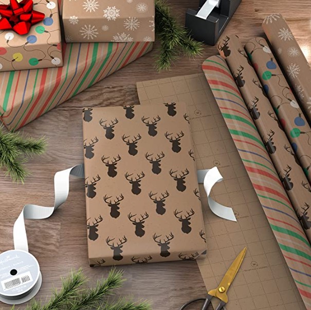 Eco-Friendly Christmas Wrapping Paper - Brown paper with various Christmas prints