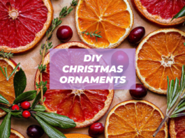 text reads DIY CHRISTMAS ORNAMENTS over dried orange ornaments