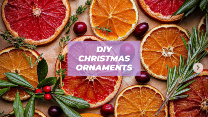 text reads DIY CHRISTMAS ORNAMENTS over dried orange ornaments